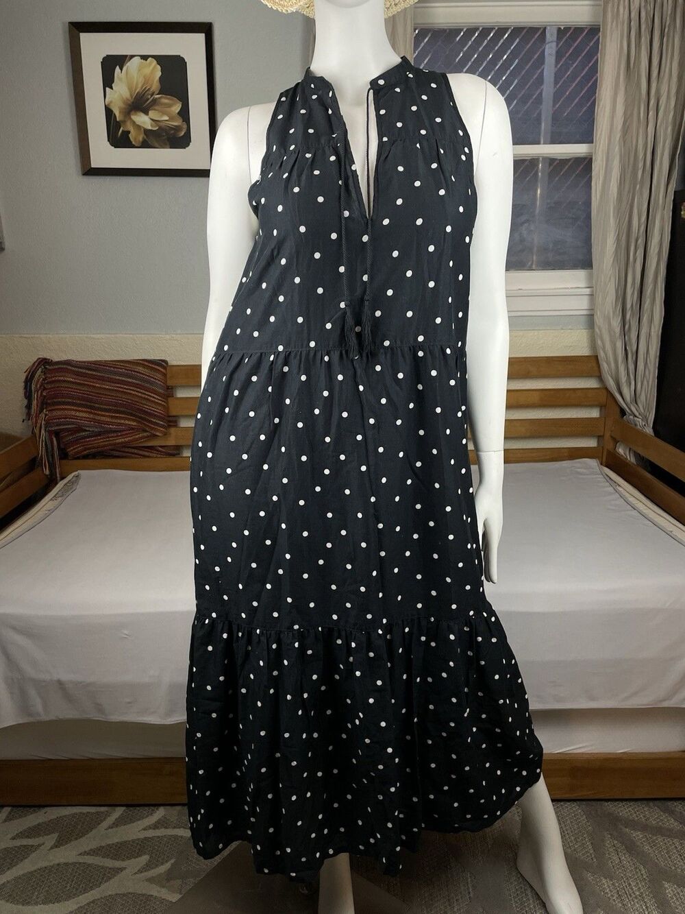J. Crew Polka Dot Cotton Smocked Tiered Maxi Dress Women’s Large Black White